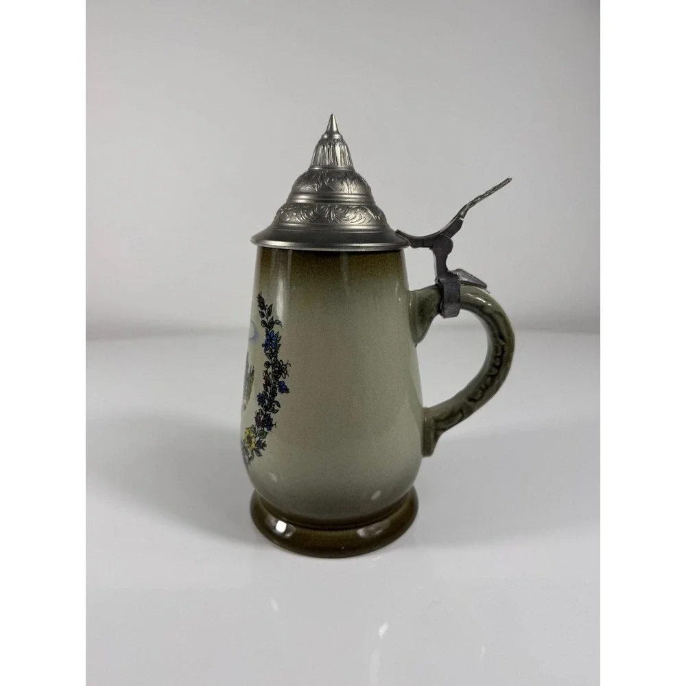 Vintage Original King Handmade Ceramic Beer Stein with Pewter Lid‎